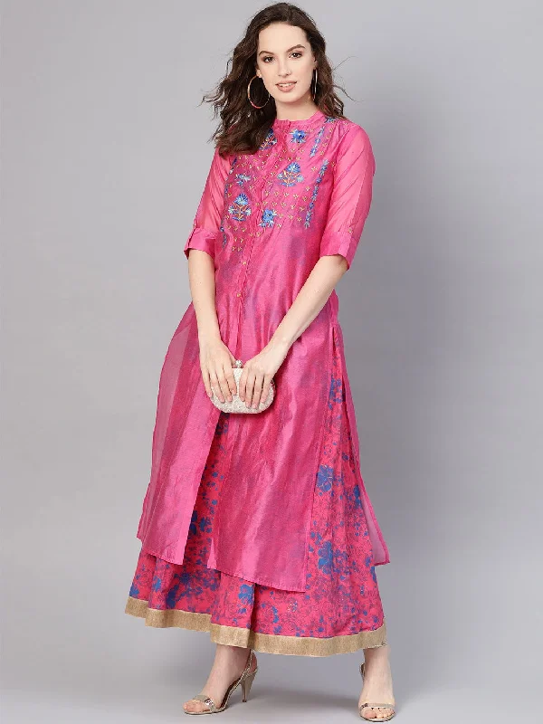 Clothes Woman Juniper Fuchsia Chanderi Ethnic Motif Printed Layered Maxi Dress With Thread Work Embroidery