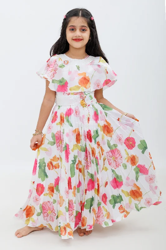 Casual Chic Cream Glaze Organza Print Gown for Girls