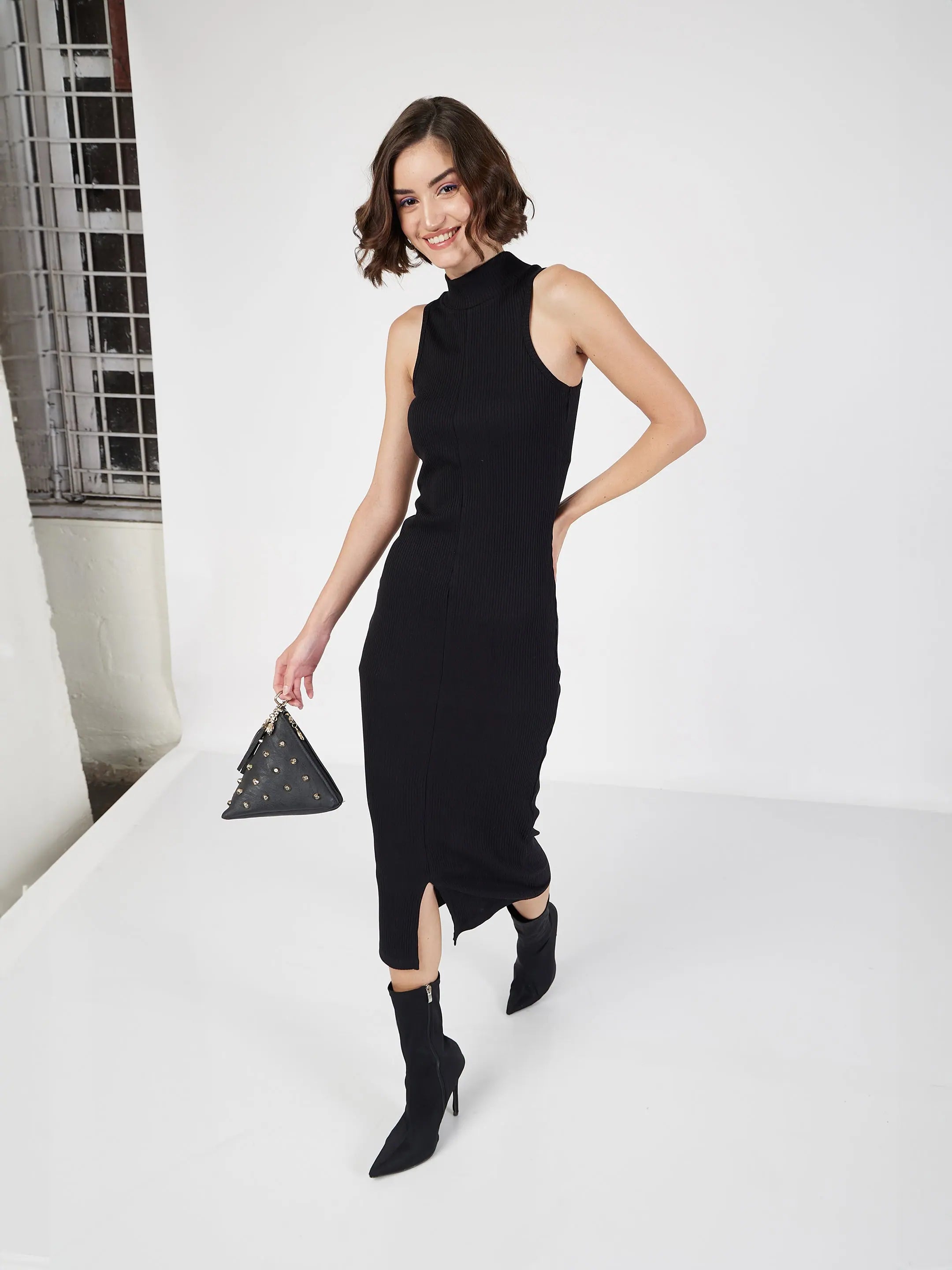 Urban Femme Streetwear Women Black Rib Turtle Neck Sleeveless Midi Dress