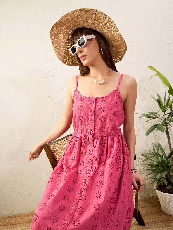 Comfortable Casual Women’s Clothing Women Pink Schiffli Strappy Midi Dress