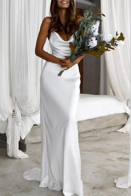 Style Upgrade Roycebridal Simple Silk Satin Mermaid Backless Spaghetti Straps Wedding Dresses, MW602