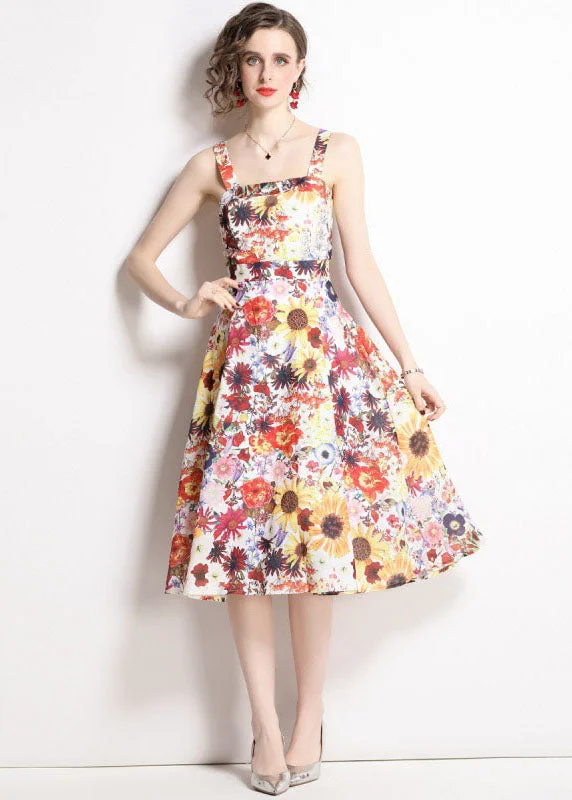 City Fashion Art Floral Print Patchwork Chiffon Spaghetti Strap Dress Summer