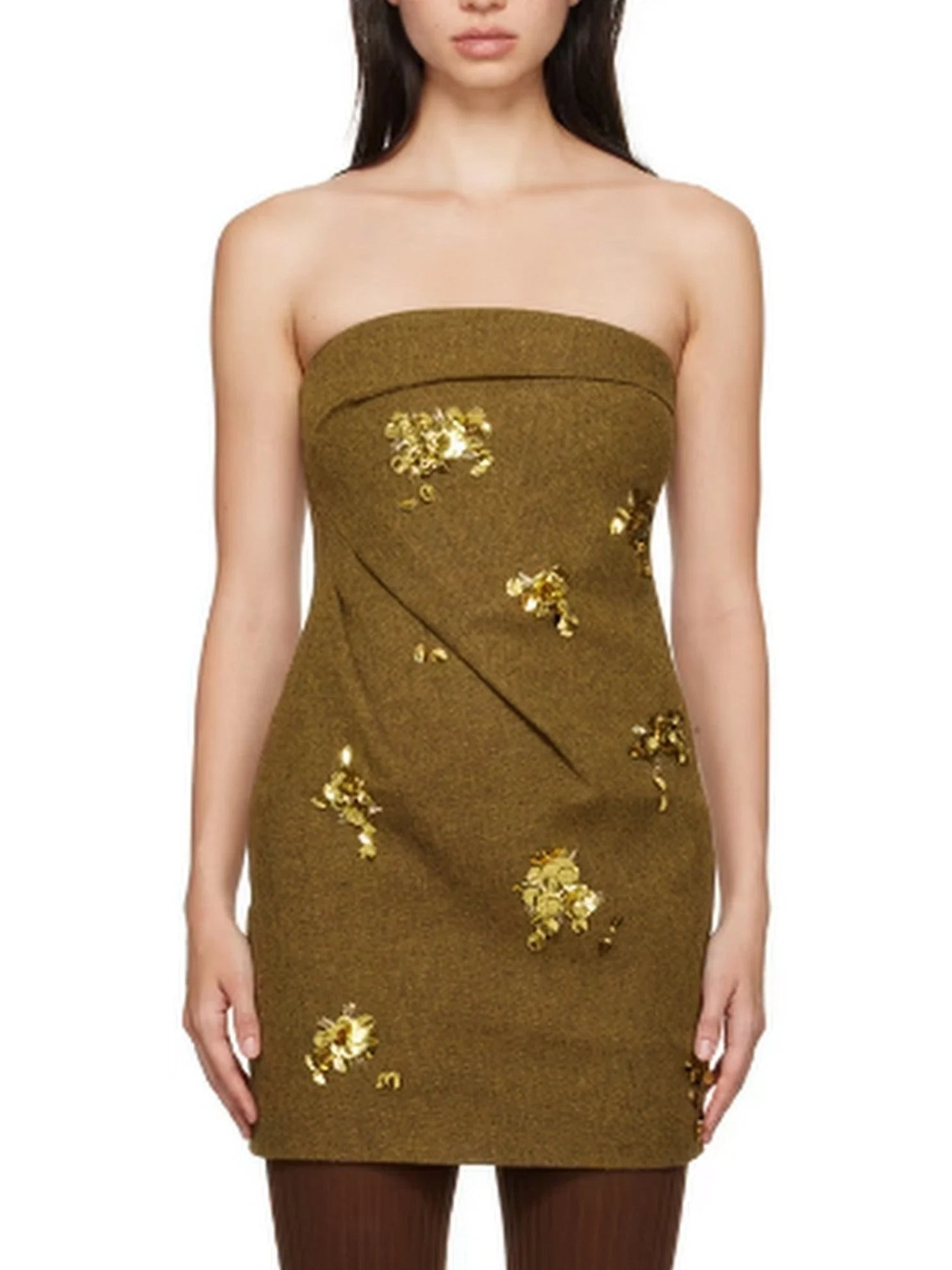 Sophisticated Fashion Bow Pintuck Strapless Mini Dress with Gold Sequin Appliques