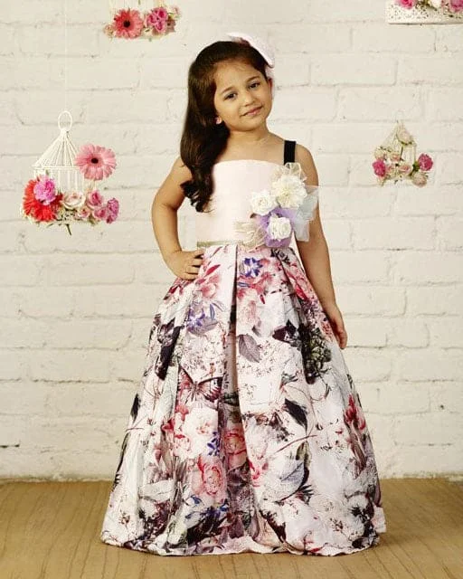 Fresh Styles, Fresh Deals Pre-Order: Girls Printed Raw Silk Flared Party Gown-Peach