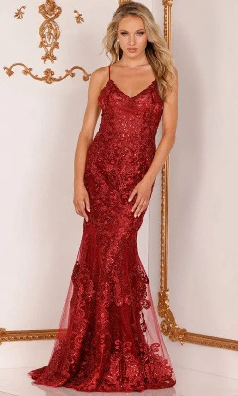 Seasonal Fashion Terani Couture - 2215P0029 V-Neck Embroidered Trumpet Gown