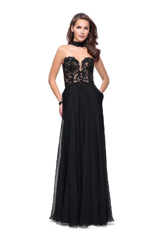 Unique Women’s Fashion Pieces La Femme - 25450 Choker Accented Plunging Lace Bodice Gown Unique Women’s Fashion Pieces La Femme - 25450 Choker Accented Plunging Lace Bodice Gown
