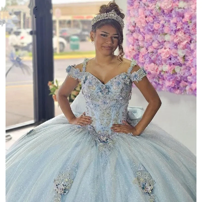 Exclusive Sale Sky Blue Quinceanera Dresses Ball Gown Floral Sweet 16 15 Dress Lace Appliques Beading Off Shoulder