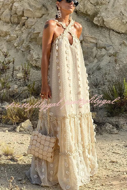 Chic And Comfortable Sweet By The Sea Flower Decor Halter Maxi Dress