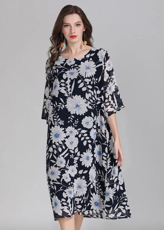 Vintage Fashion Plus Size Floral O Neck Patchwork Chiffon Dress Summer