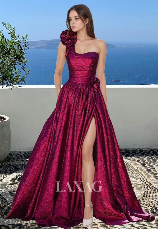 Casual Fashion A-Line Sweetheart Floral Embossed One-Strap Pleated Glitter-Knit Prom Dress with High Slit Casual Fashion A-Line Sweetheart Floral Embossed One-Strap Pleated Glitter-Knit Prom Dress with High Slit