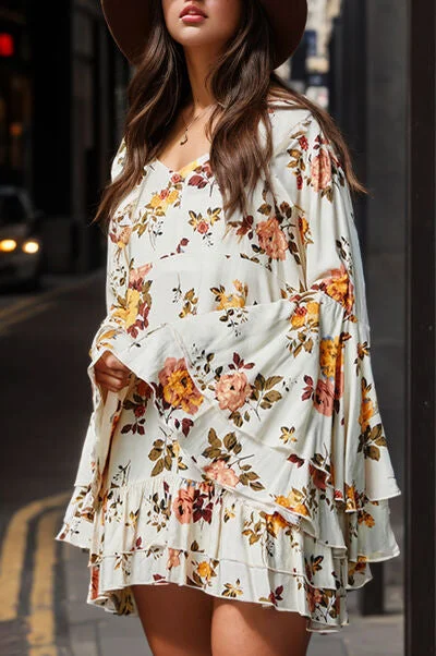 Big Discounts Flower V-Neck Flare Sleeve Mini Dress