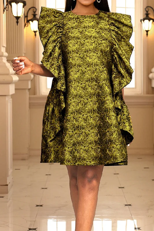 Sales Clothes Rose Print Sweet Ruffles Patchwork Mini Dress