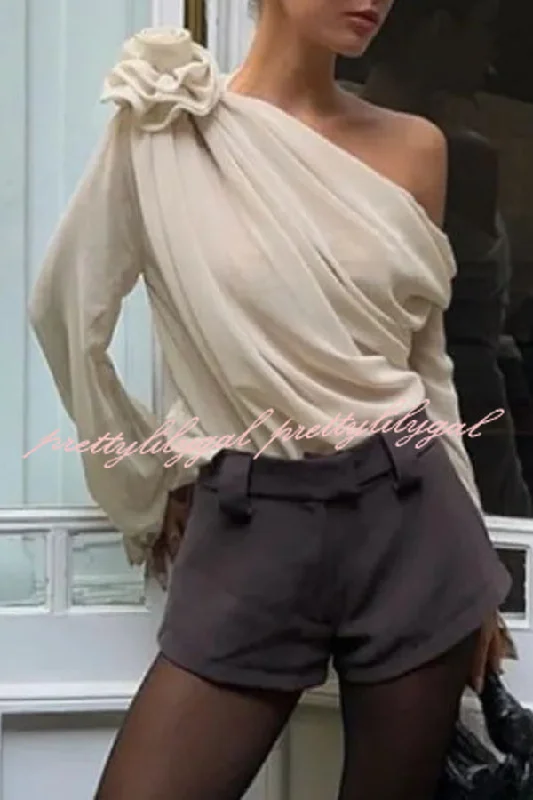 Athleisure Wear Beautiful Three Dimensional Flower Tulle Off Shoulder Long Sleeved Blouse Athleisure Wear Beautiful Three Dimensional Flower Tulle Off Shoulder Long Sleeved Blouse