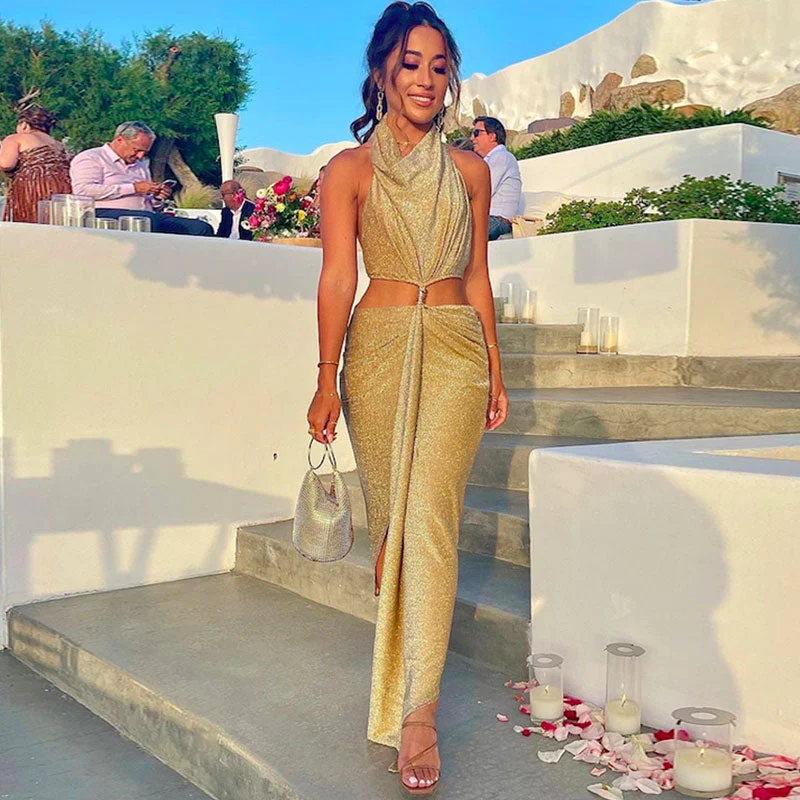 Flash Sale Or Flash Sales Glittering Draped Halter Metallic Chain Cutout Backless Midi Dress - Gold Flash Sale Or Flash Sales Glittering Draped Halter Metallic Chain Cutout Backless Midi Dress - Gold
