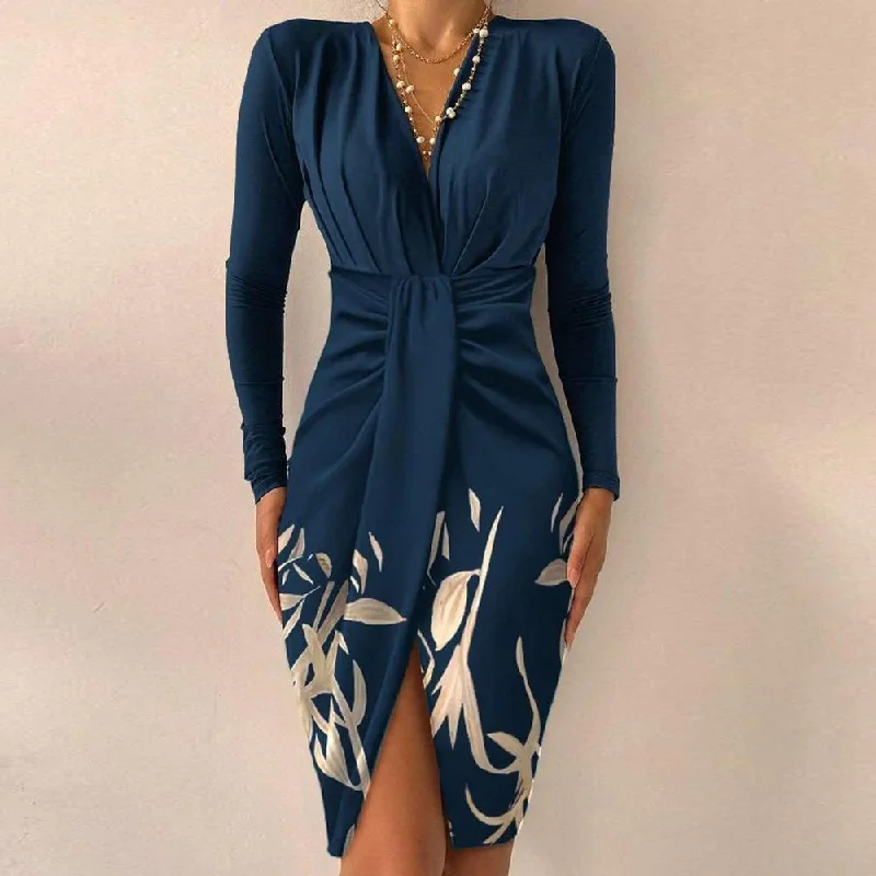 Everyday Wear Floral Blue V-Neckline Ruched Front Slit Mini Dress