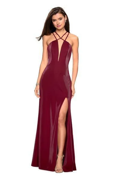 Relaxed Style La Femme - 26963 Strappy Halter Cutouts Gown with Slit