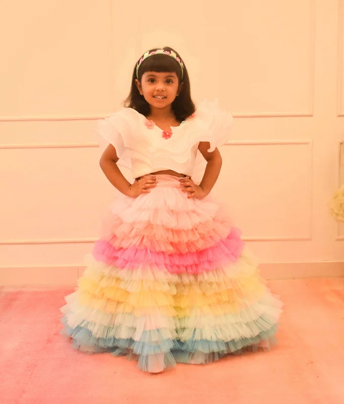 Chic Wardrobe Essentials Pre-Order - Orgaza Crop Top with Multi Colour Skirt for Girls Chic Wardrobe Essentials Pre-Order - Orgaza Crop Top with Multi Colour Skirt for Girls