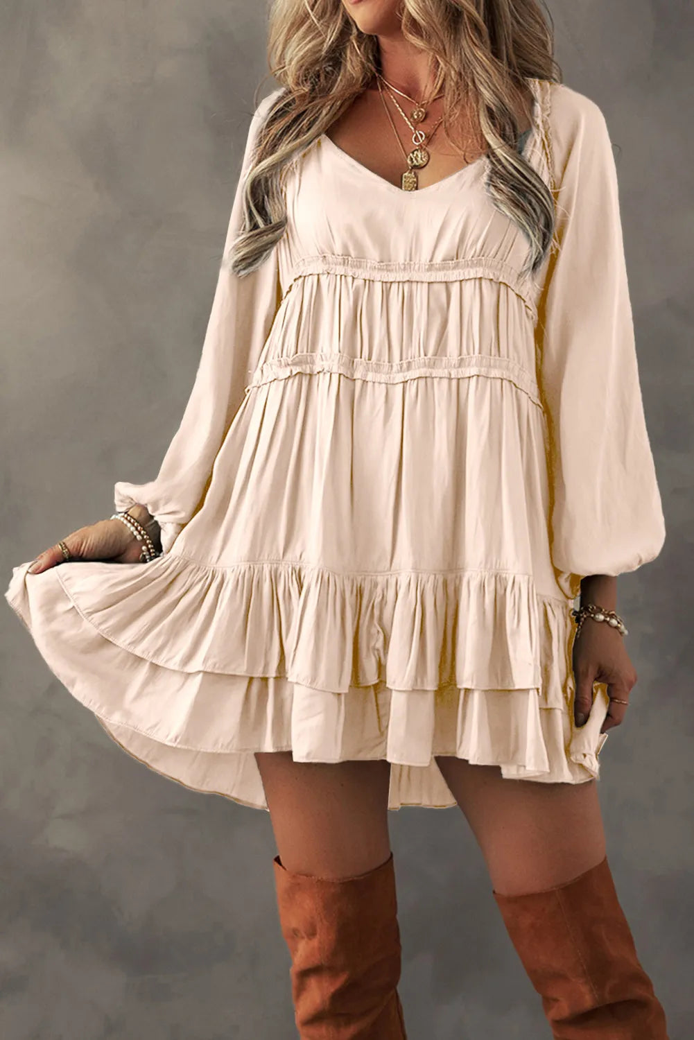 Sales Clothes Frill Ruffled V-Neck Long Sleeve Mini Dress