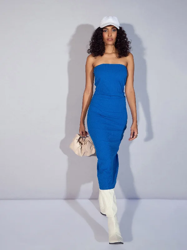 Flash Sales This Week Women Royal Blue Rib Tube Midi Dress