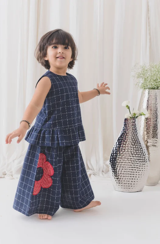 Trendy Attire For Her Girls Petal Plaid Co-ord Set - Blue