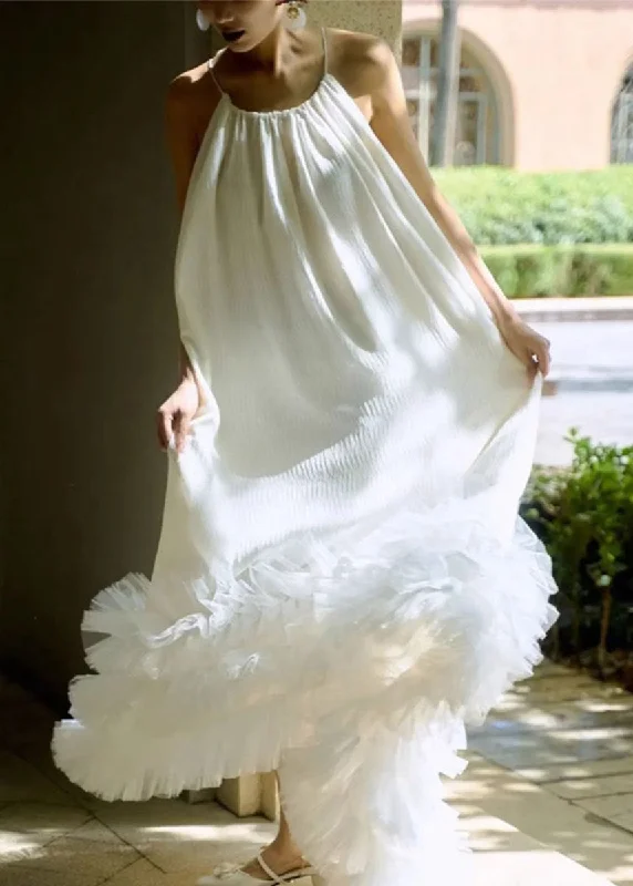 Elegant Women’s Fashion Cute White Halter Floral Tulle Patchwork Long Dresses Summer Elegant Women’s Fashion Cute White Halter Floral Tulle Patchwork Long Dresses Summer