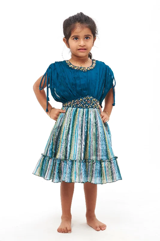 Luxury Fashion Pearl & Bead Embroidered with Multicolor Striped Patry Frock - Elegant Party Dress for Girls
