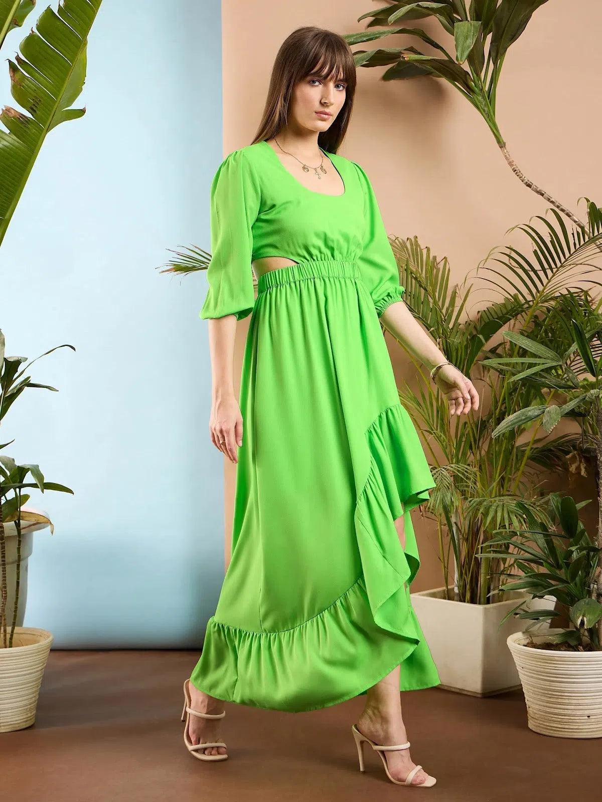 High-Quality Women’s Fashion Dresses Women Green Waist Cut out Ruffle Maxi Dress