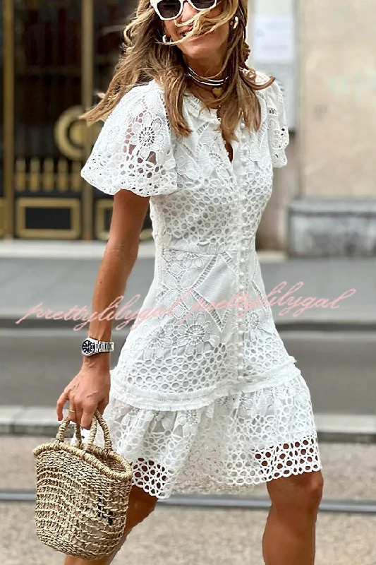 Huge Markdowns Sweet Valor Crochet Lace Puff Sleeve Button Up Mini Dress