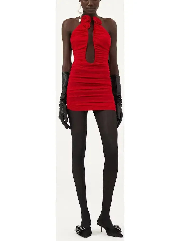 Women's Urban Fashion Strapless Plunge Mini Dress in Red