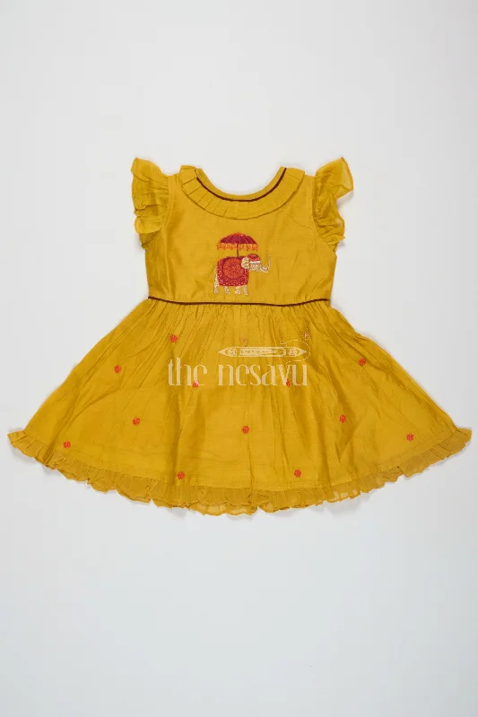 Bold Prints Casual Chic Mustard Chanderi Cotton Frock for Girls with Elephant Embroidery – Festive Dress for Traditional Events