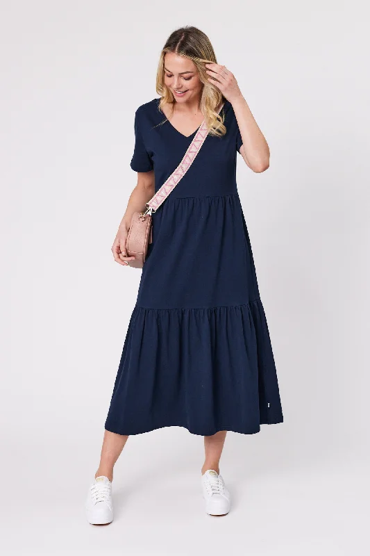 Holiday Attire Sale Shine On Essentials Tiered Midi Dress Navy