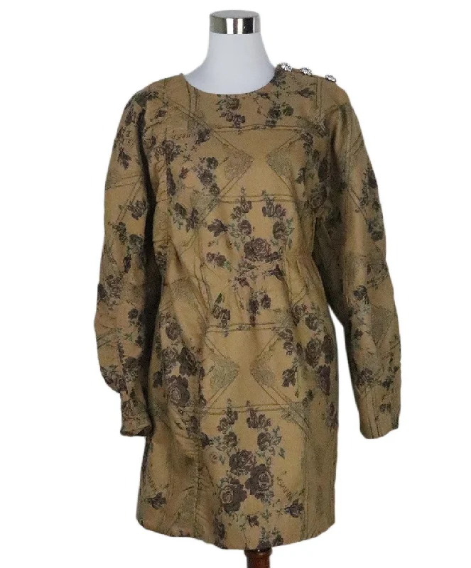 Trendy Boutiques Online Ganni Tan Floral Print Dress w/ Rhinestone Trim sz 8