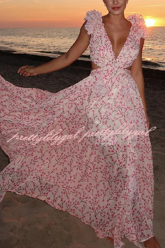 Seasonal Trends Lost in The Melody Chiffon Printed Flutter Sleeve Cutout Back Lace-up Maxi Dress