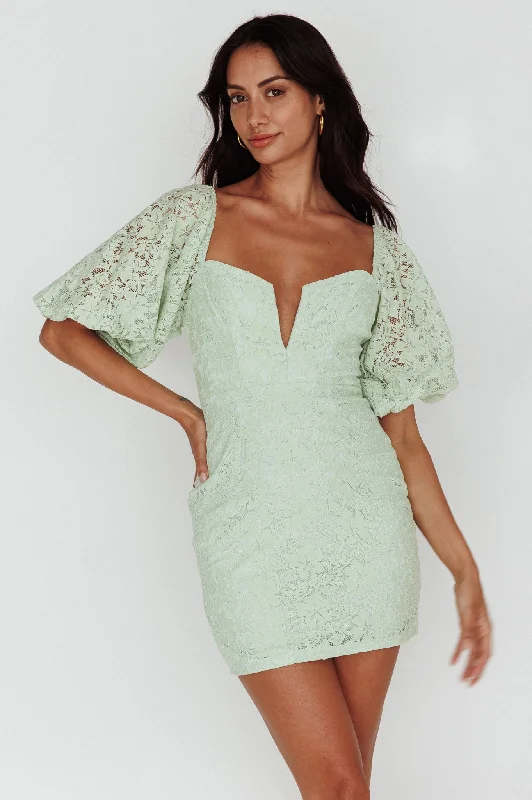 Discount Price Good Vibes Puff Sleeve Deep V-Neckline Lace Mini Dress Sage