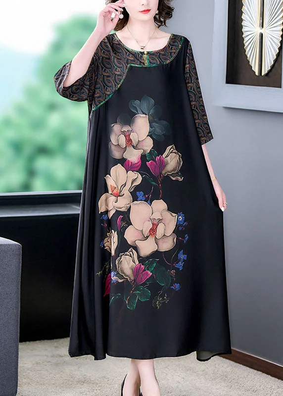Trendy Boutiques Online Natural Black O Neck Floral Print Patchwork Silk Long Dresses Summer Trendy Boutiques Online Natural Black O Neck Floral Print Patchwork Silk Long Dresses Summer
