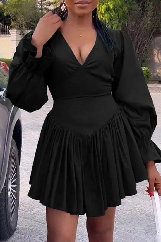 Sophisticated Outfits Solid Color Girly Irregular Pleated Mini Dress