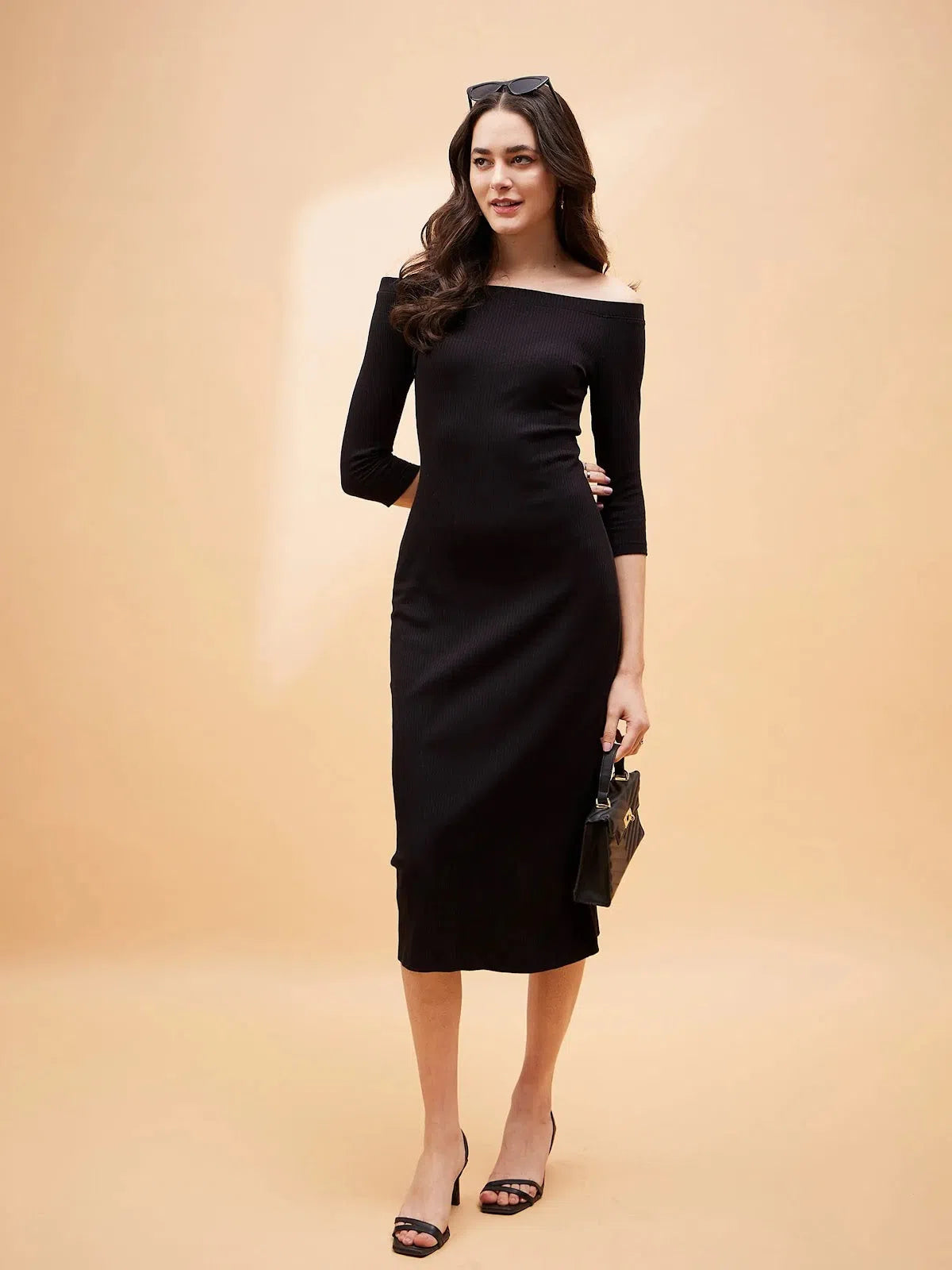 Wardrobe Update Women Black Rib Off Shoulder Midi Dress