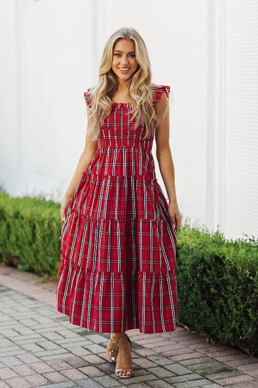 Vibrant Femme Fashion J. Marie Noelle Ruffle Strap Midi Dress - Red Mini Gingham