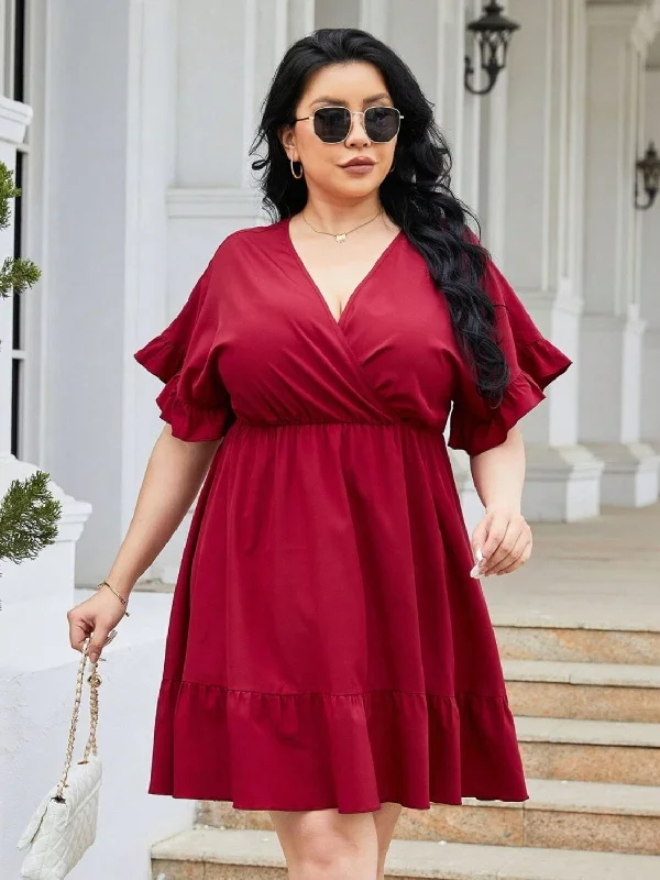 Feminine Dresses for Women in Bold Prints Plus Size Ruched Surplice Flounce Sleeve Mini Dress