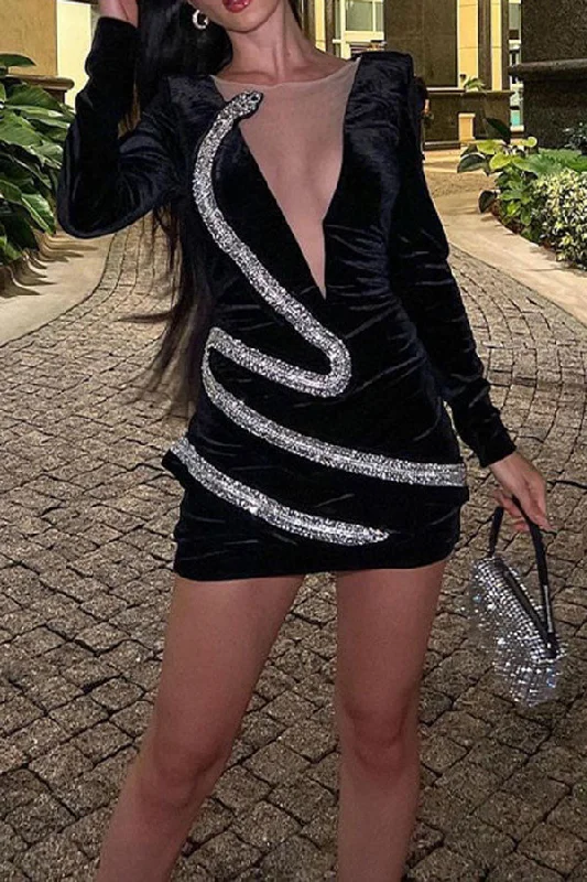 Sale For Women Rhinestone Snake Pattern Patchwork Cool Deep V Neck Mini Dress