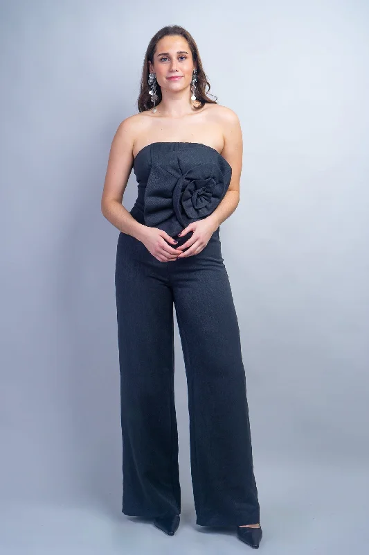 Low Price Special Black Linen Flower Strapless Jumpsuit