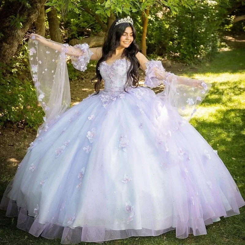 Seasonal Fashion Sexy Sweetheart Quinceanera Dresses Ball Gown Off The Shoulder Long Sleeve Floral Appliques Lace Handmade Flowers Sweet 15 Party