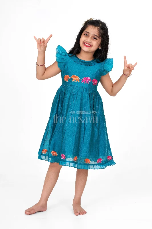 Comfortable Clothes Blue Girls Party Frock in Chanderi with Colorful Elephant Embroidery Perfect for Special Occasions Comfortable Clothes Blue Girls Party Frock in Chanderi with Colorful Elephant Embroidery Perfect for Special Occasions