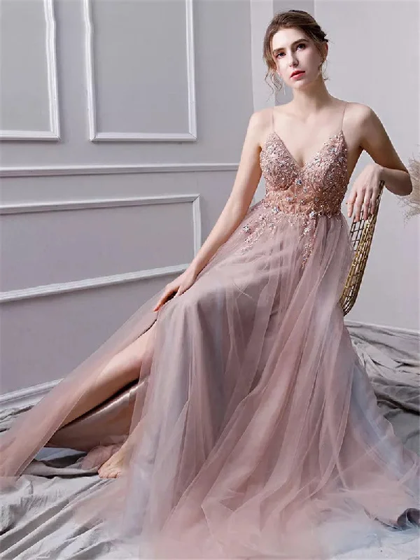 Flash Sale, Don't Miss Nice V Neck Beading Tulle Pink Long Graduation Dress Prom for Girls PL08084