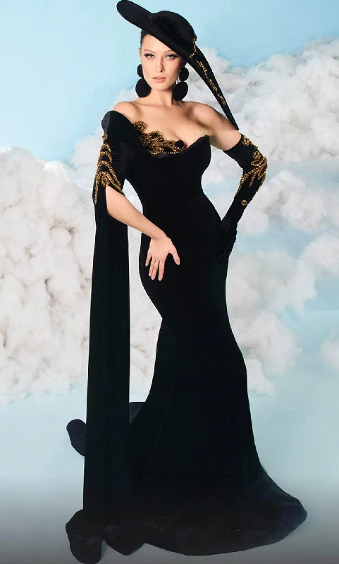 Boho Chic Fashion MNM Couture 2606 - Split Cape Sleeve Evening Gown