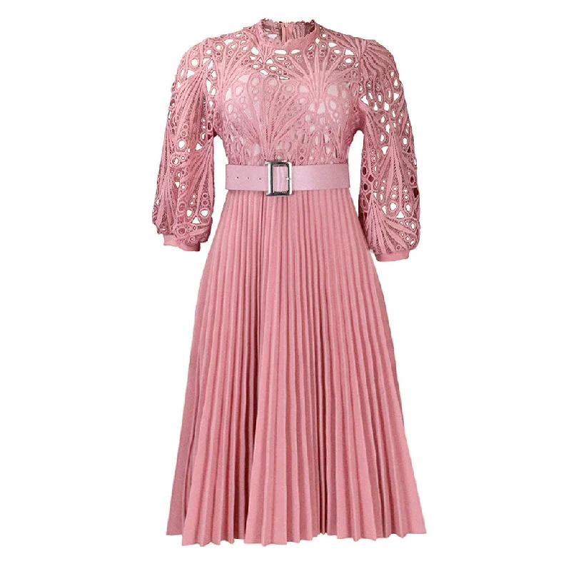 Chic Women’s Clothing for Date Nights Elegant Scalloped High Neck Half Sleeve Cutwork Lace Pleated Midi Dress Chic Women’s Clothing for Date Nights Elegant Scalloped High Neck Half Sleeve Cutwork Lace Pleated Midi Dress