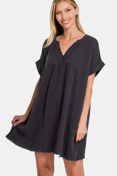 Casual Chic Clothing Zenana Full Size Raw Hem Notched Short Sleeve Mini Dress