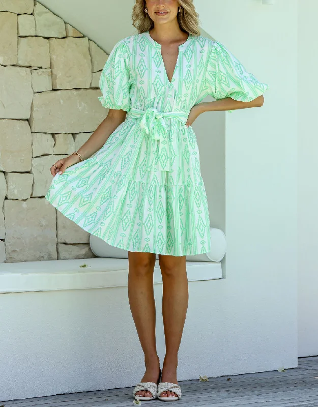 Explore What's New Tie Scandinavian Dress - Green/White
