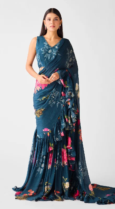 Top 10 Women's Online Clothing Stores Teal Embroidered Chinon Floral Saree