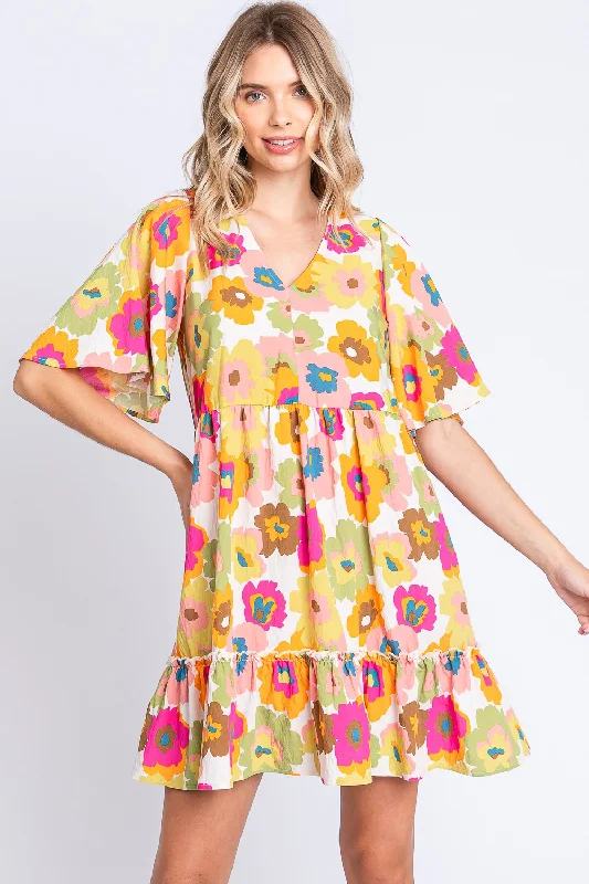 Trend Alert GeeGee Full Size Floral V-Neck Ruffle Trim Mini Dress